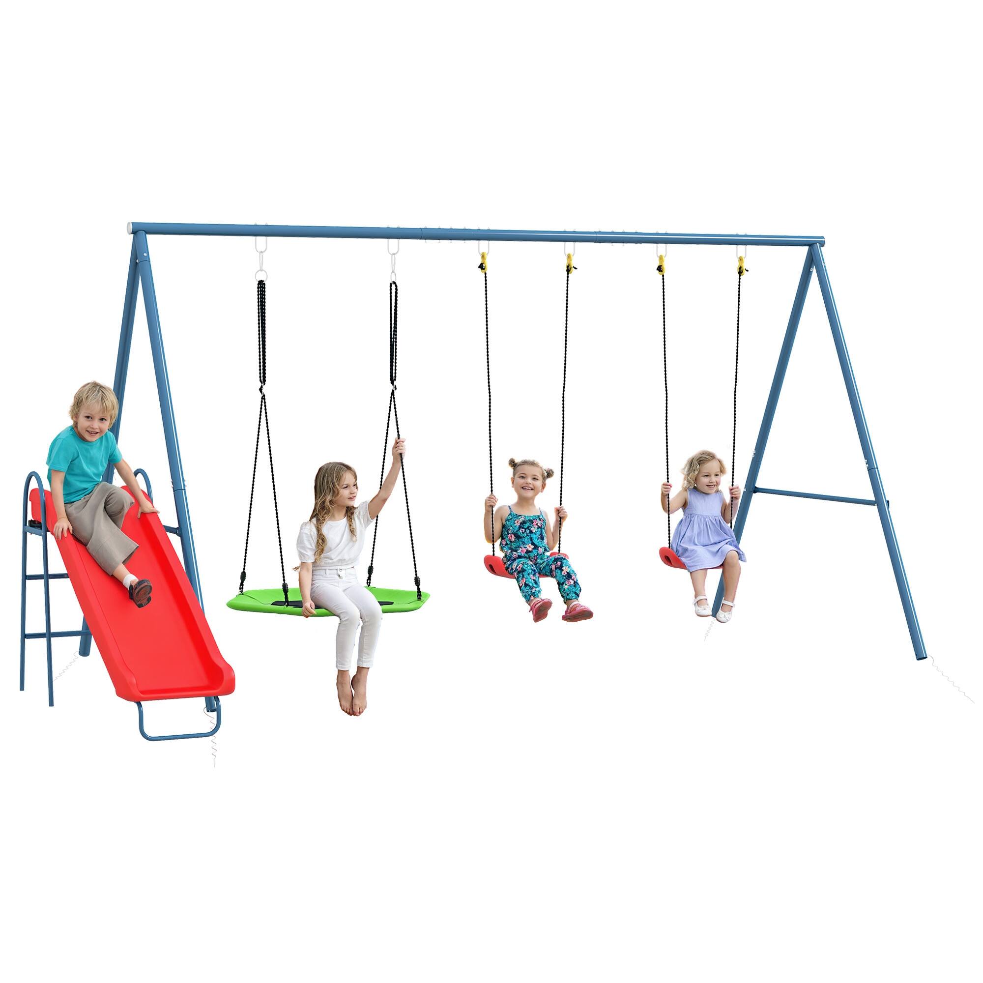 Front. Outsunny - 352 lbs Swing Set, Backyard, 3 in 1 Heavy-Duty A-Frame Stand, Outdoor Playset, Saucer Swing, Slide, Swing Seats.