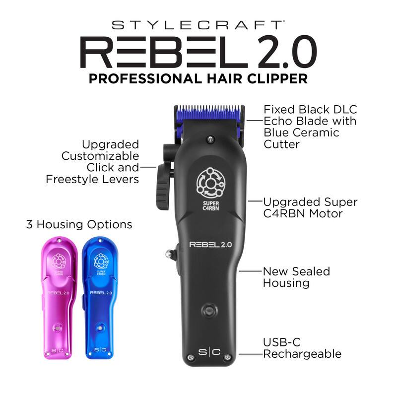 STYLECRAFT REBEL 2.0 PROFESSIONAL HAIR CLIPPER

- Upgraded Customizable Click and Freestyle Levers
- Fixed Black DLC Echo Blade with Blue Ceramic Cutter
- 3 Housing Options
- Upgraded Super C4RBN Motor
- New Sealed Housing
- USB-C Rechargeable