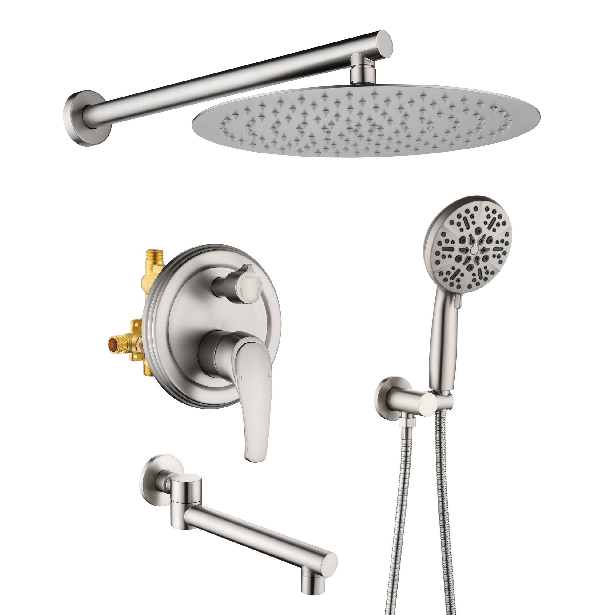 Front. Boyel Living - Brushed Nickel 12-Inch Rain Shower System Brass SUS304 3-Function Valve 7-Function Handheld 180° Spout cUPC - Brushed Nickel.