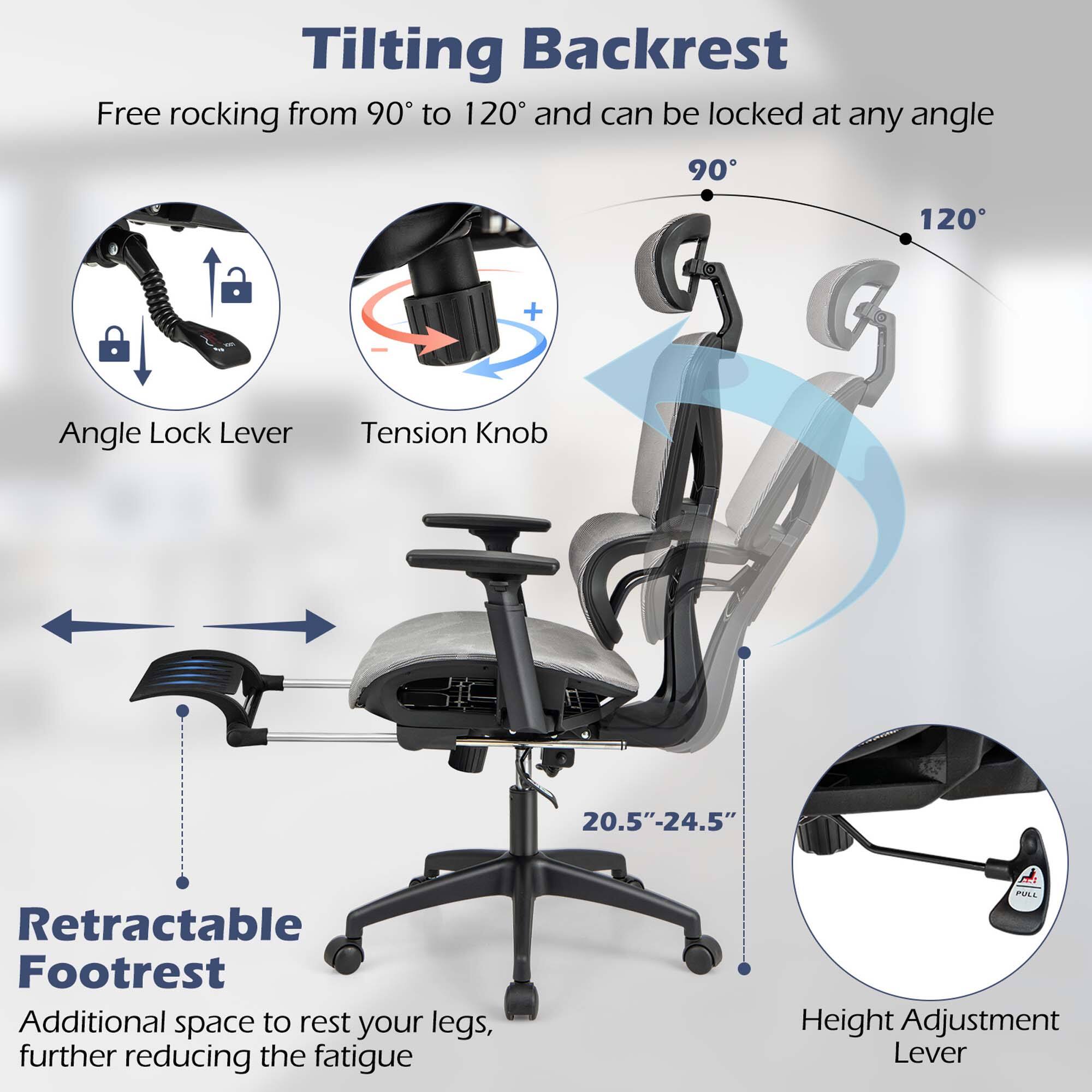 Tilting Backrest: Free rocking from 90 to 120 and can be locked at any angle. 90 120 + Angle Lock Lever Tension Knob
Retractable Footrest: Additional space to rest your legs, further reducing the fatigue. 20.5"-24.5"
Height Adjustment Lever: PIALA