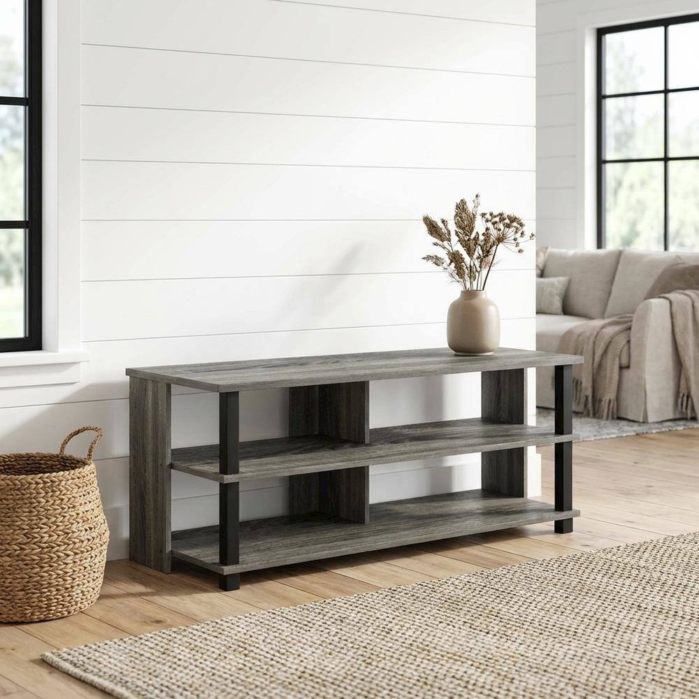 Alt View 1. FurniFact - Wood TV stand in French Oak Grey, Black, three tiers, up to 50-inch TVs - Gray Black.