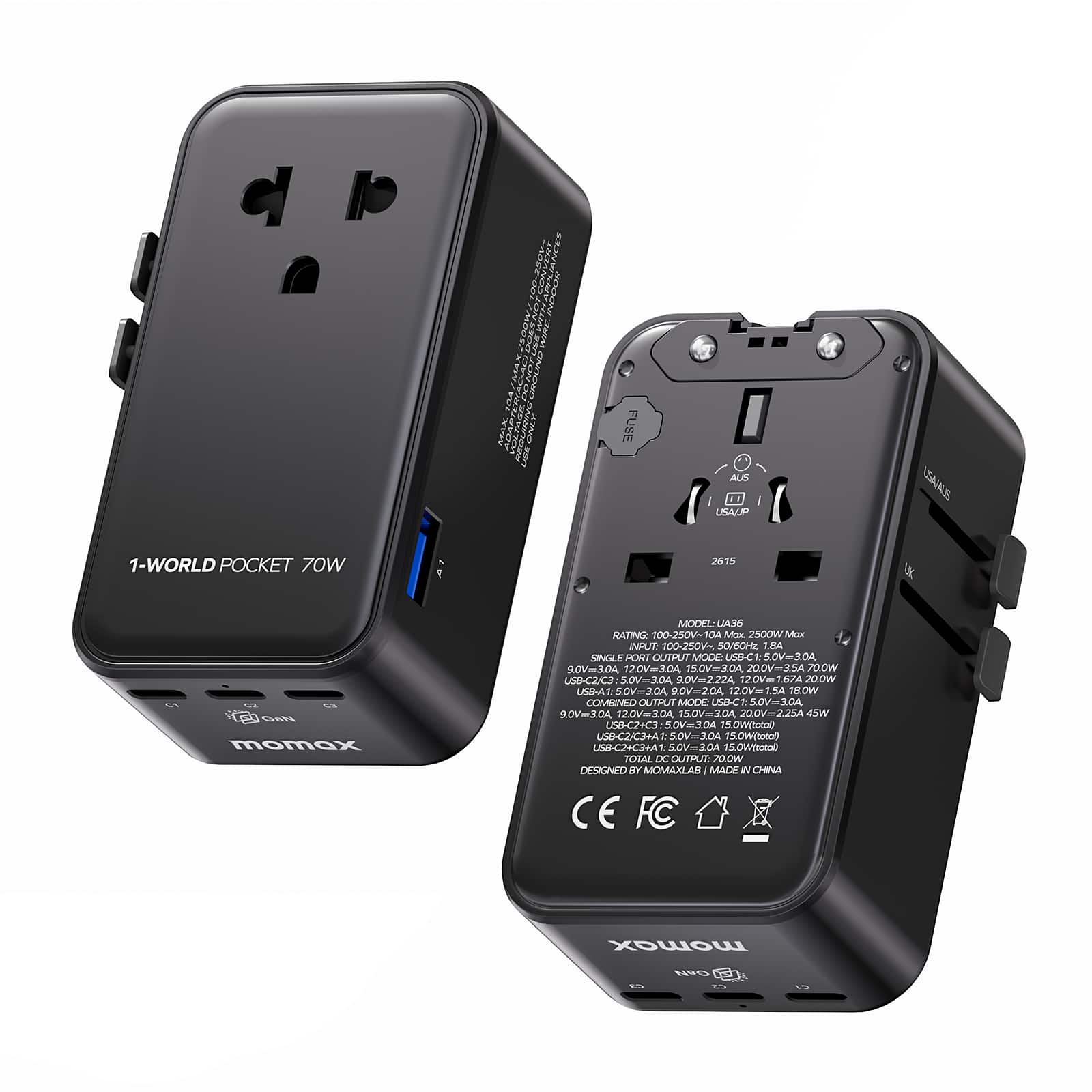 Momax - Travel Adapter Ultra-Thin 70W GaN International Plug Adapter with 3 USB-C & 1 USB-A Fast Charging for USA EU UK - Black