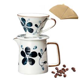 Fabibe - Ceramic Pour Over Coffee Maker Set Dripper With Single Hole Pot & 100 Paper Filters For Home Travel Camping (1-4 Cup) - V02