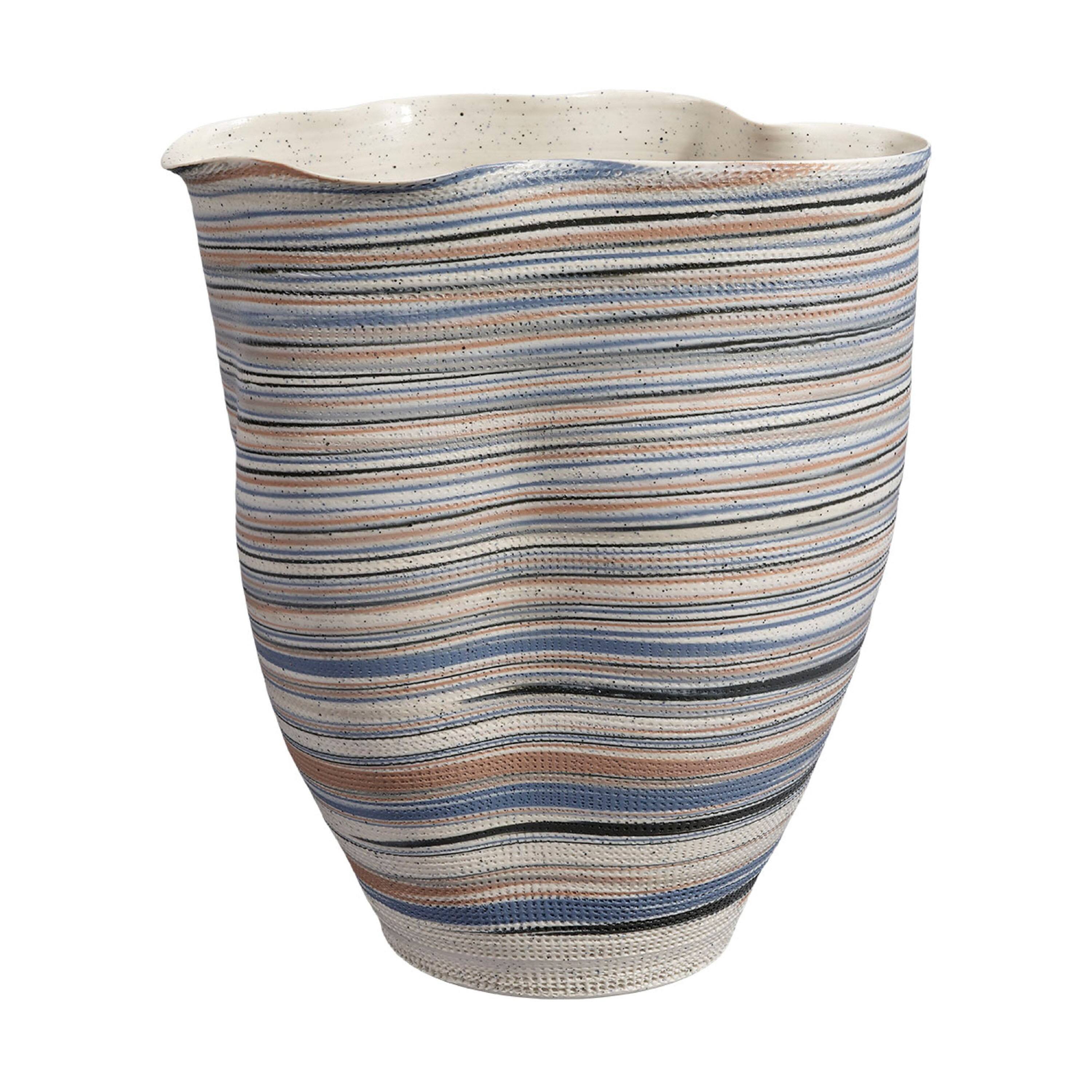 Angle. Manhattan Lane - Kerya Decorative Vase, 13 Inch   Striped, Wavy Rim Porcelain - Blue, White.
