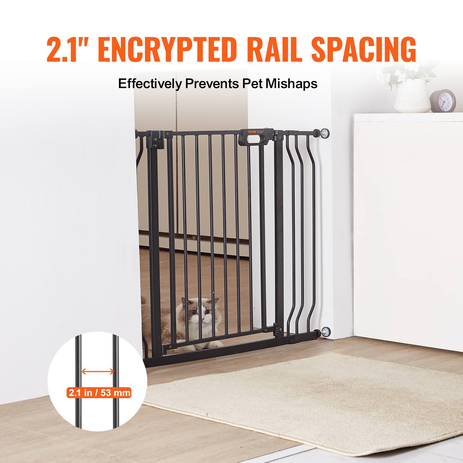 2.1" ENCRYPTED RAIL SPACING Effectively Prevents Pet Mishaps - 2.1 in / 53 mm