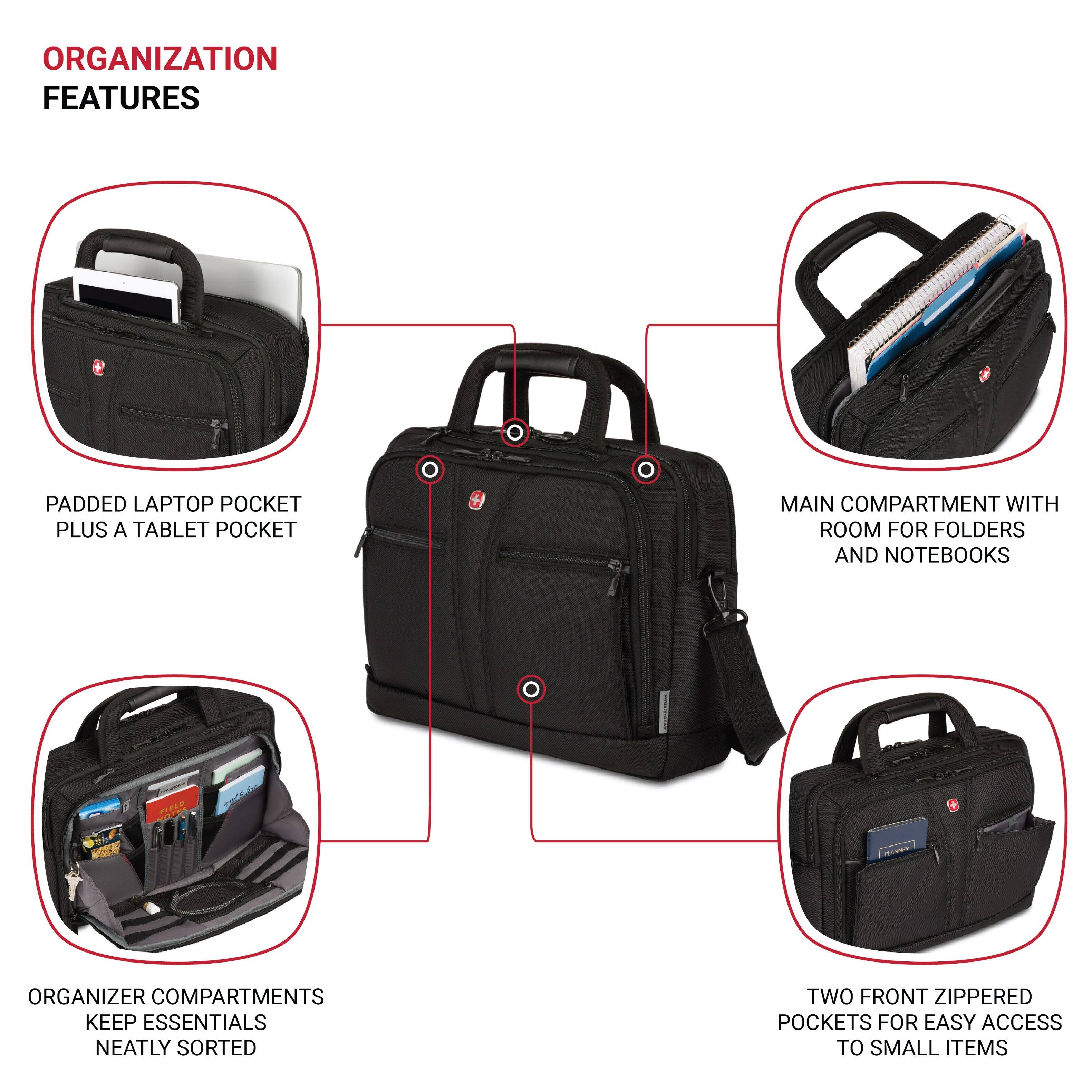 Organization Features:

1. Padded Laptop Pocket: Plus a tablet pocket
2. Main Compartment: With room for folders and notebooks
3. Organizer Compartments: Keep essential items neatly sorted
4. Two Front Zippered Pockets: For easy access to small items