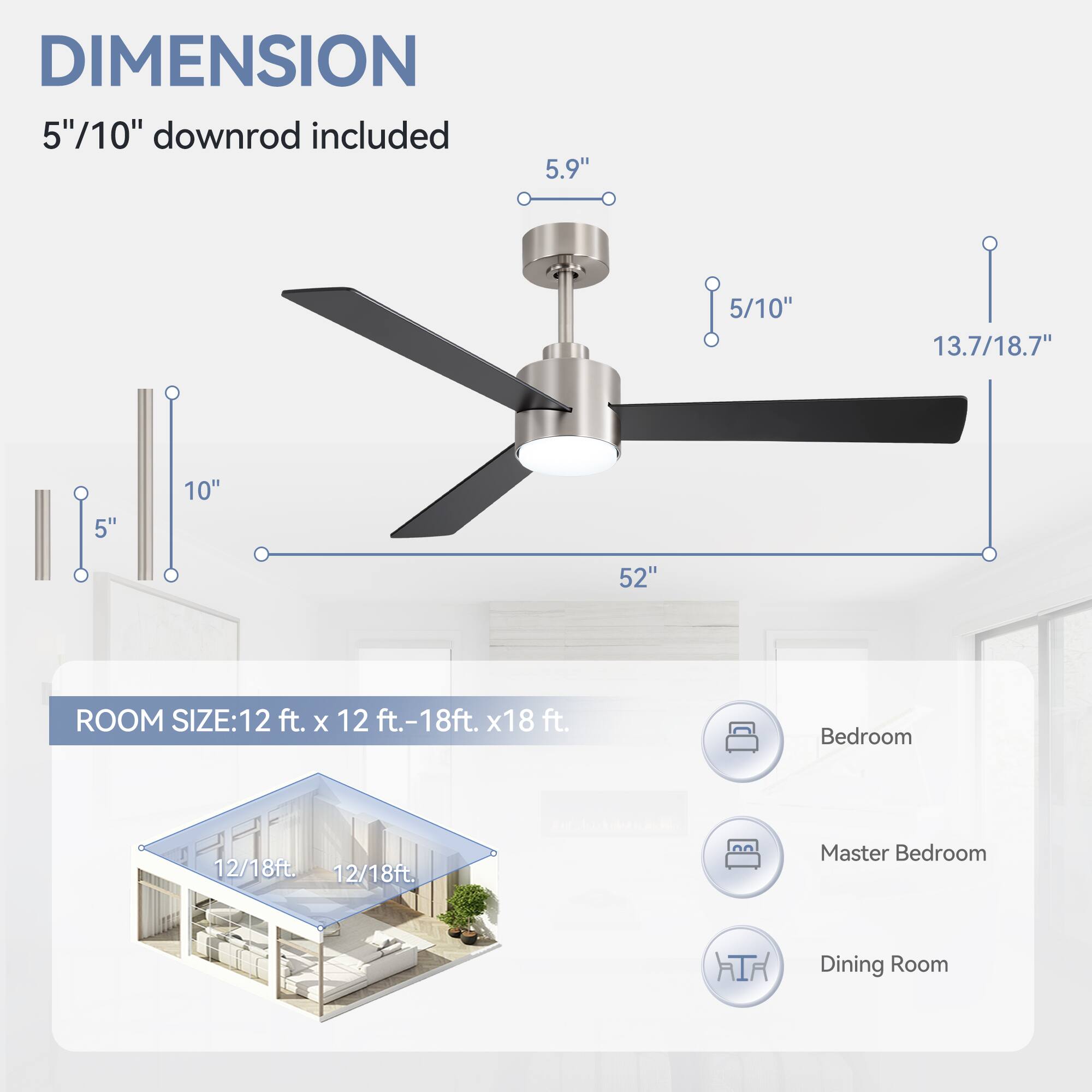 a♡ Breezary 52 Inch Indoor Ceiling Fan with 3 Color Light, 3