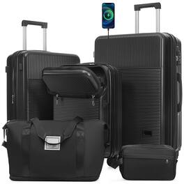 Ecooso - 5-Piece ABS Luggage Set with Half-Open 20" Carry-On, USB Port, Double Spinner Wheels, TSA Locks, Bags - Black