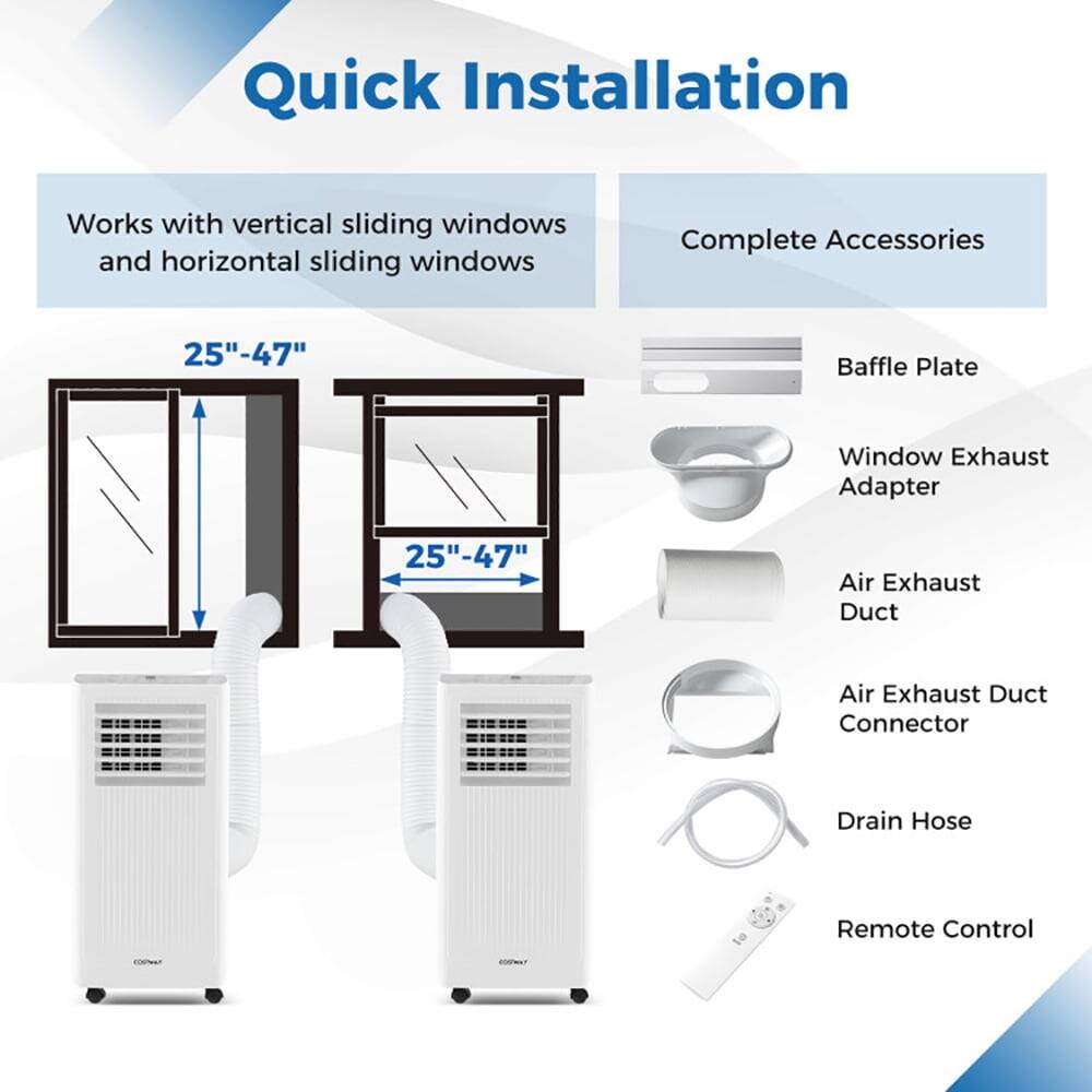 Quick Installation  
Works with vertical sliding windows and horizontal sliding windows  

Complete Accessories  
- Baffle Plate  
- Window Exhaust Adapter  
- Air Exhaust Duct  
- Air Exhaust Duct Connector  
- Drain Hose  
- Remote Control