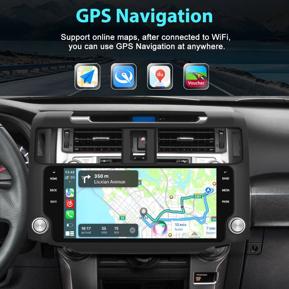 GPS Navigation Support online maps, after connected to WiFi, you can use GPS Navigation at anywhere. du Voucher PORES WON nun HOME 15:42 i! 5G 350 m Liuxian Avenue 4 BAND BACK MEDIA 1301 NAVI PHONE 16:17 arrival 35 min 53 15 km Unt42 OH 10 min faster 7 min faster