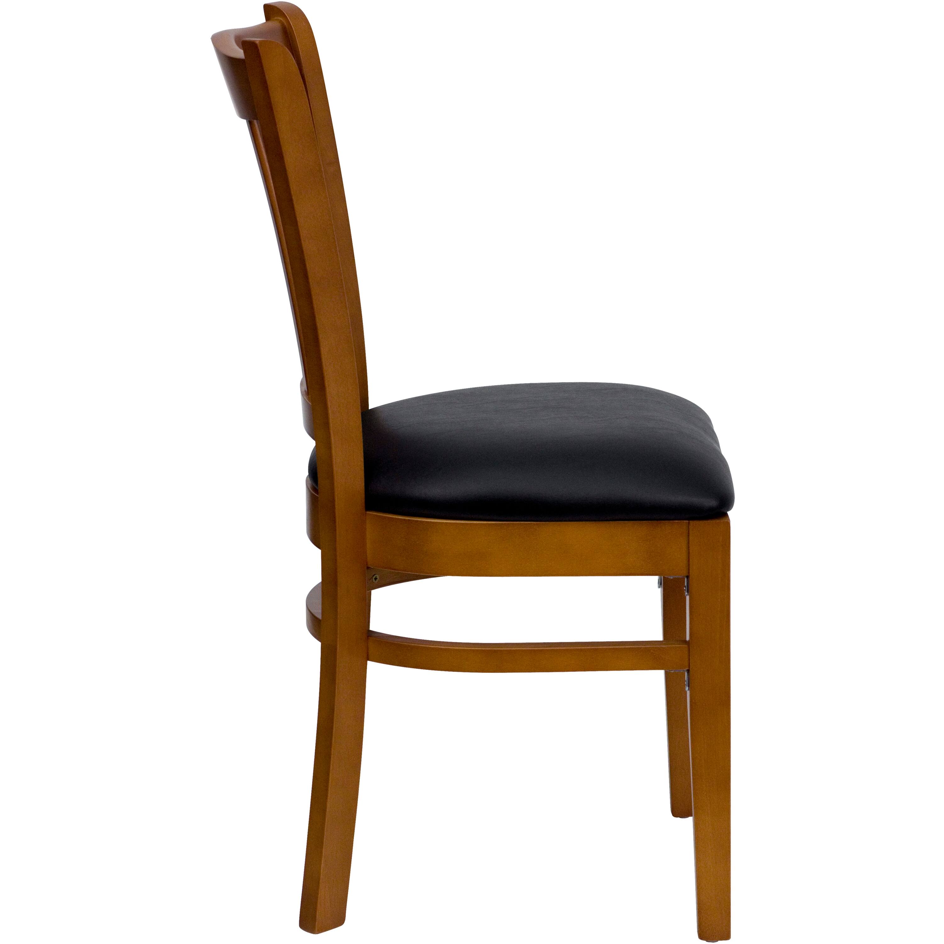 Alt View 4. Emma + Oliver - Vertical Slat Back Wooden Restaurant Dining Chair - Black Vinyl Seat/Cherry Wood Frame.