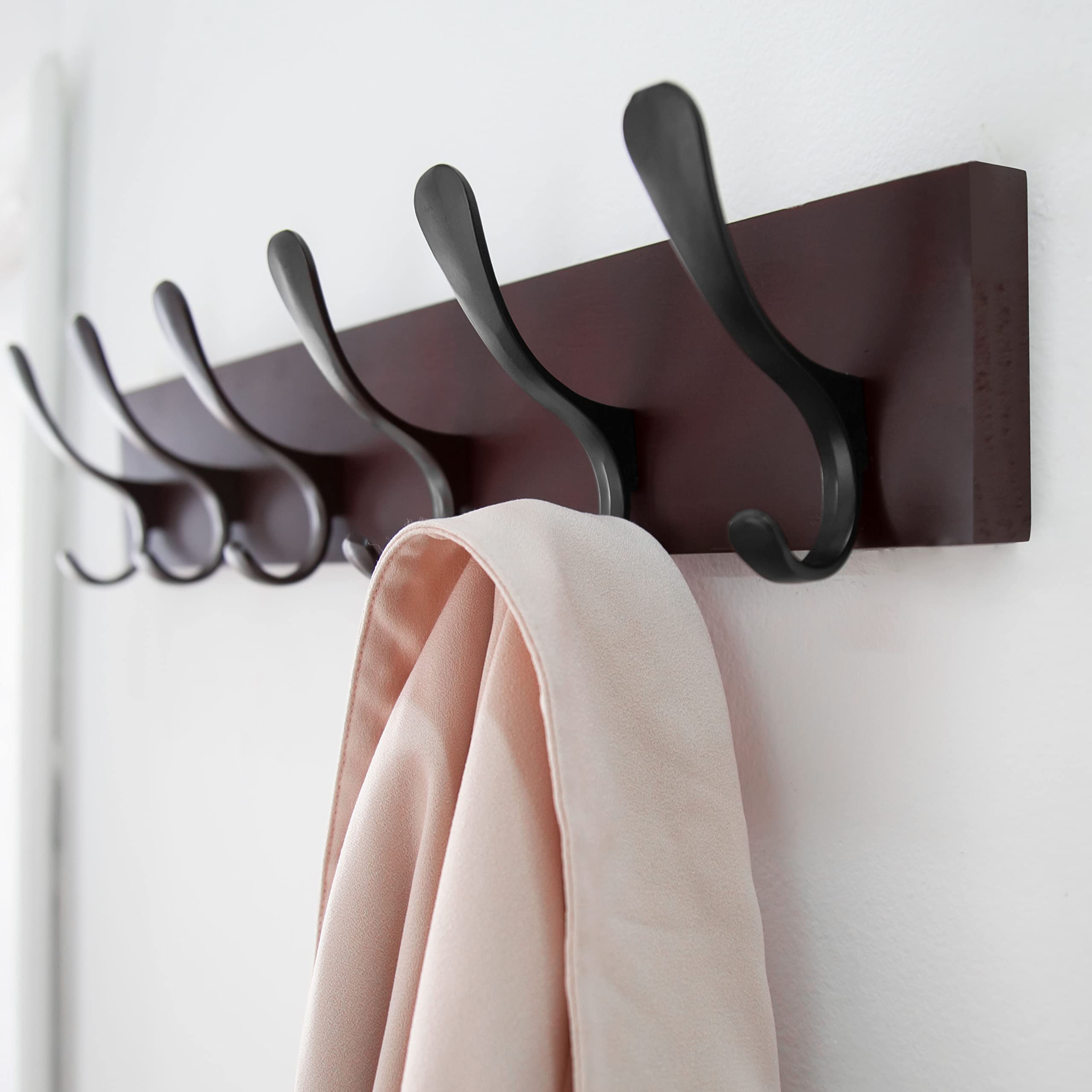 Back. Hirose Alice - Coat Rack Wall Mount - Wooden Hook Hanger With 6 Hooks For Hanging Coats Hats Clothing Scarfs & - Brown(6 Hooks)-1.