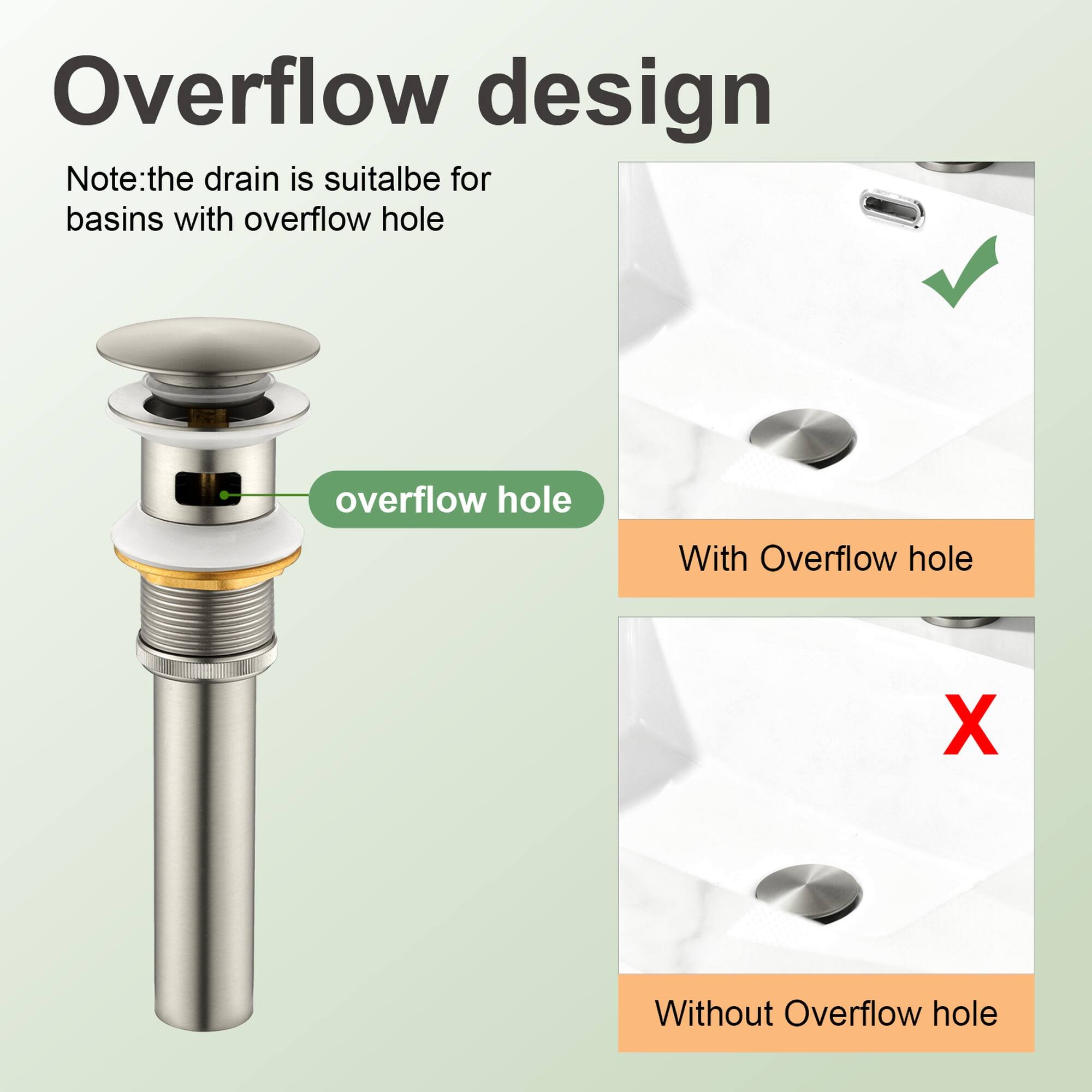 Overflow design

Note: the drain is suitable for basins with overflow hole

- With Overflow hole
- Without Overflow hole