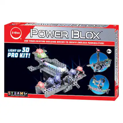 Sure, here is the corrected and grouped text from the image:
---
**E-Blox**
**POWER BLOX**
**USE YOUR EXISTING BUILDING BRICKS TO CREATE ENDLESS POSSIBILITIES!**
**LIGHT UP 3D PRO KIT!**
**8+**
**STEAM**
**TEAM**
**Innovative Technology and Education**
---
This text is organized to reflect the information and branding on the product packaging.