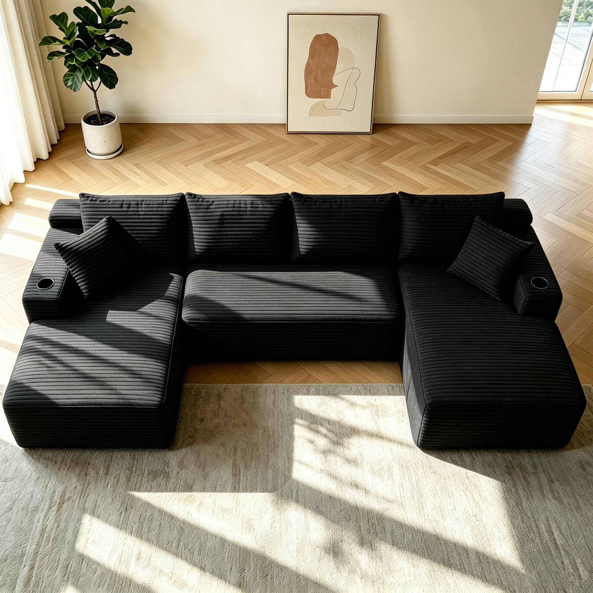 Left. Anysun - 134" Cloud Sectional Sofa, U-Shape Chaise, Side Pockets & Cup Holder, Modern Modular, Deep Seating, No Assembly - Black.
