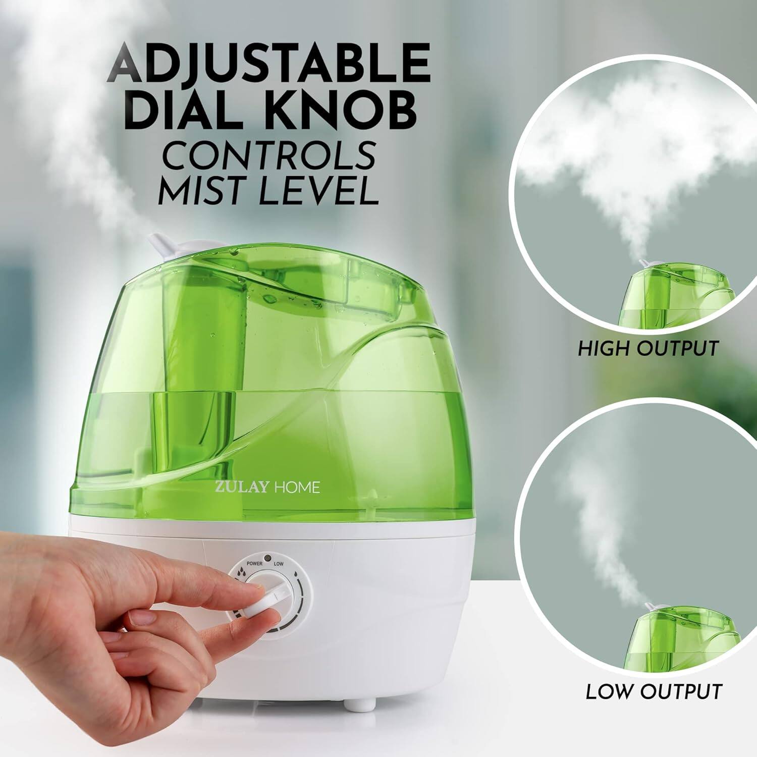 Adjustable dial knob controls mist level. High output. Low output.