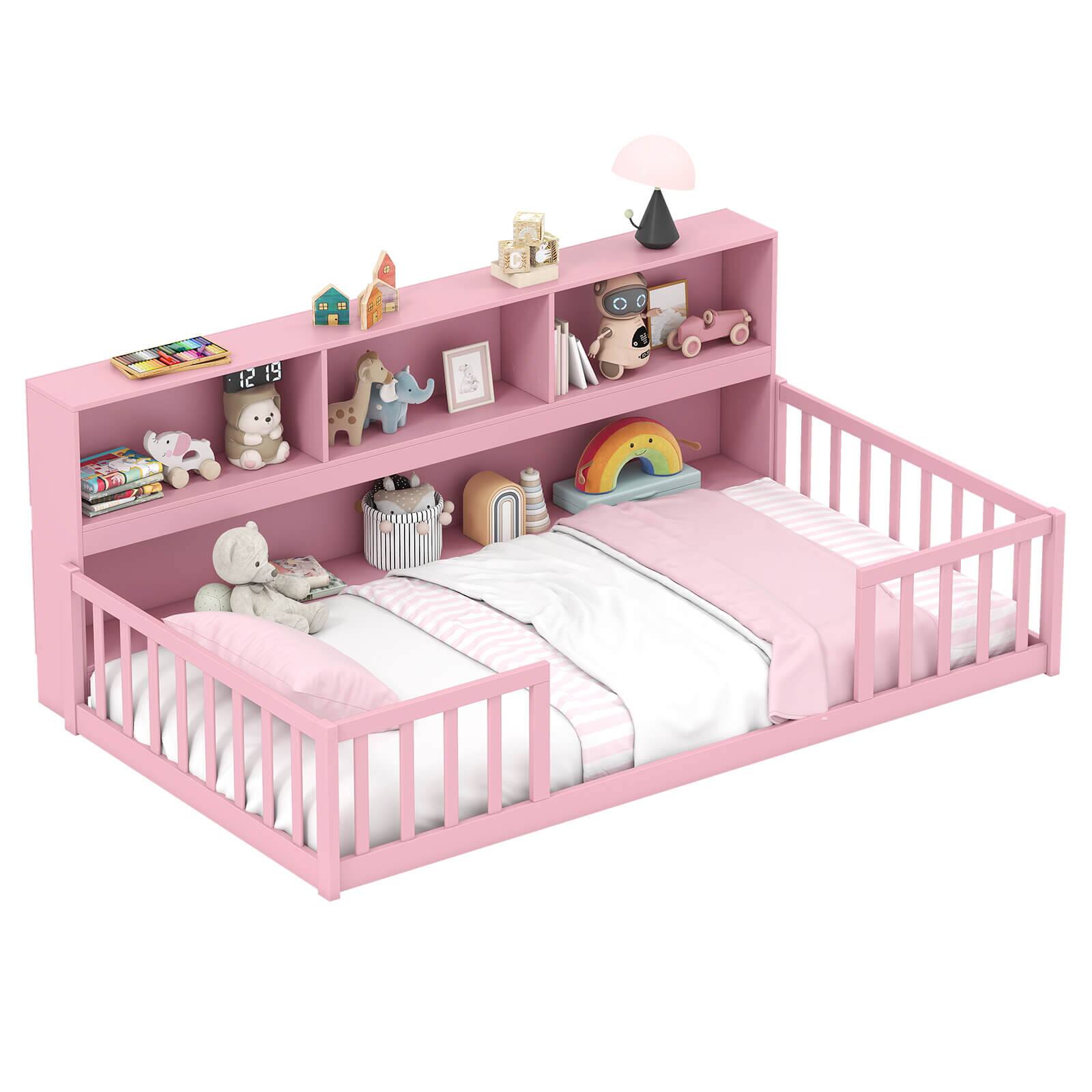 Costway - Twin Size Montessori Floor Bed with Bookcase Storage Shelves & Safety Fence Rails - Pink