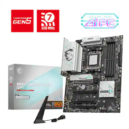 The image features a computer motherboard and a box of B850 Gaming Plus WiFi. The motherboard is ready for APC and is equipped with a 320 MHz processor. The box also includes a Lightning Gens 7 320 MHz gaming system, making it a powerful and versatile gaming setup.
