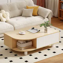 Skyzoo - Wood Coffee Table with Storage, Fluted Sliding Doors & Unique Leaf-Shaped Design for Living Room - White