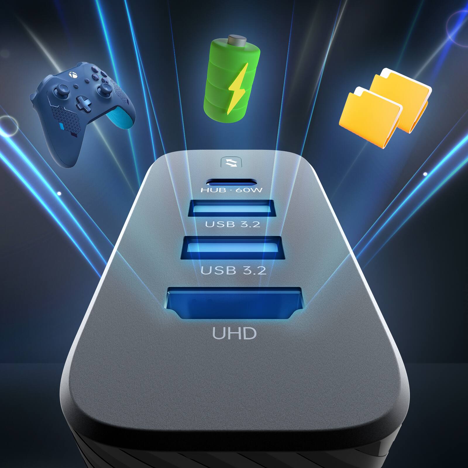 The text on the image reads: "USB 3.2 USB 3.2 UHD 60W HUB".