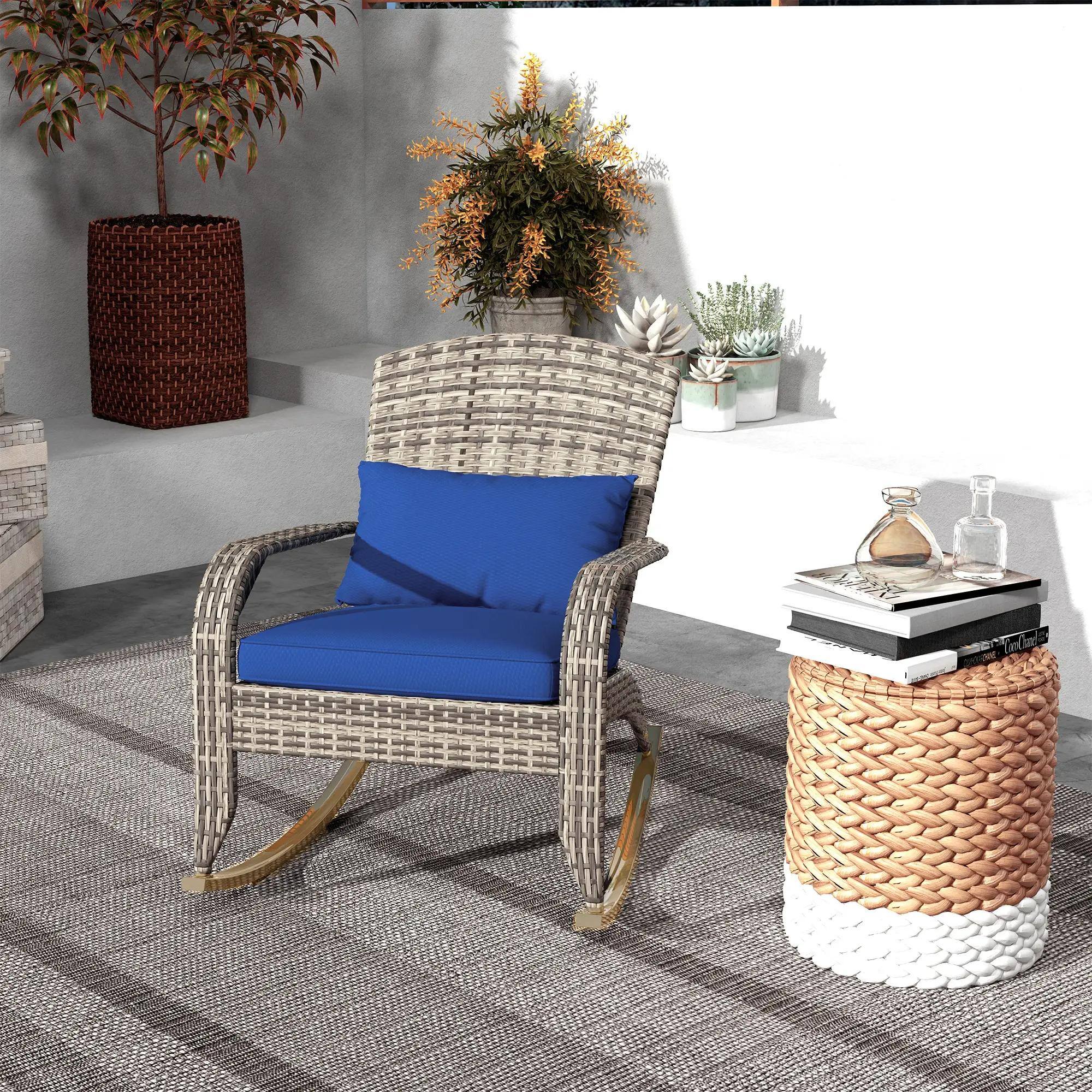 Left. Resenkos - Resenkos Adirondack Chair, High-Back Outdoor Wicker Rocking Seat, with Cushion & Pillow, Dark Blue, Dark Blue - Dark Blue.