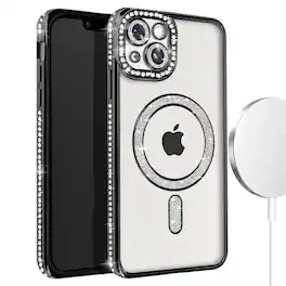 Entronix - Magnetic Case for iPhone 15 - Clear Back with Luxury Rhinestones - Black