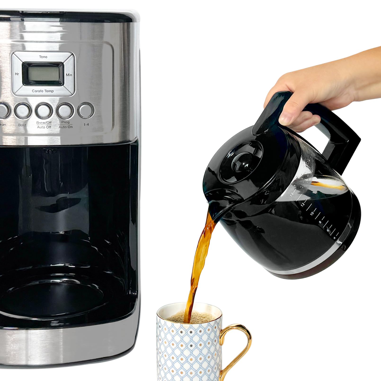 Sure, here is the corrected and grouped text from the image:

- Tone
- Carafe Temp
- Brew Off
- Auto Off
- Auto On
- 1-4
- Brew/Off
- Auto On
- Auto Off
- Bold
- Brew/Off
- Auto On
- Auto Off
- 1-4