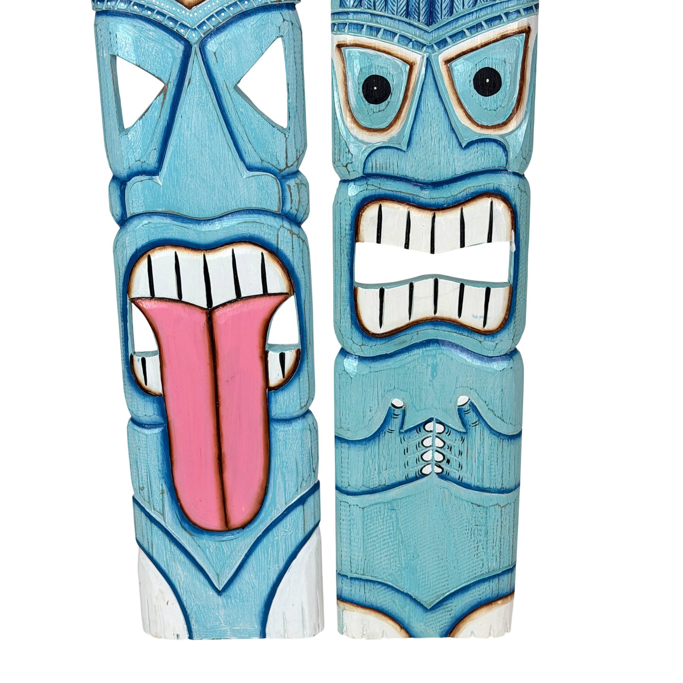 Alt View 2. Chesapeake Bay - Set of 2 Aqua Tiki Wall Plaques Hand Carved Wood 39 Inch Tall Coastal Decor - Aqua.