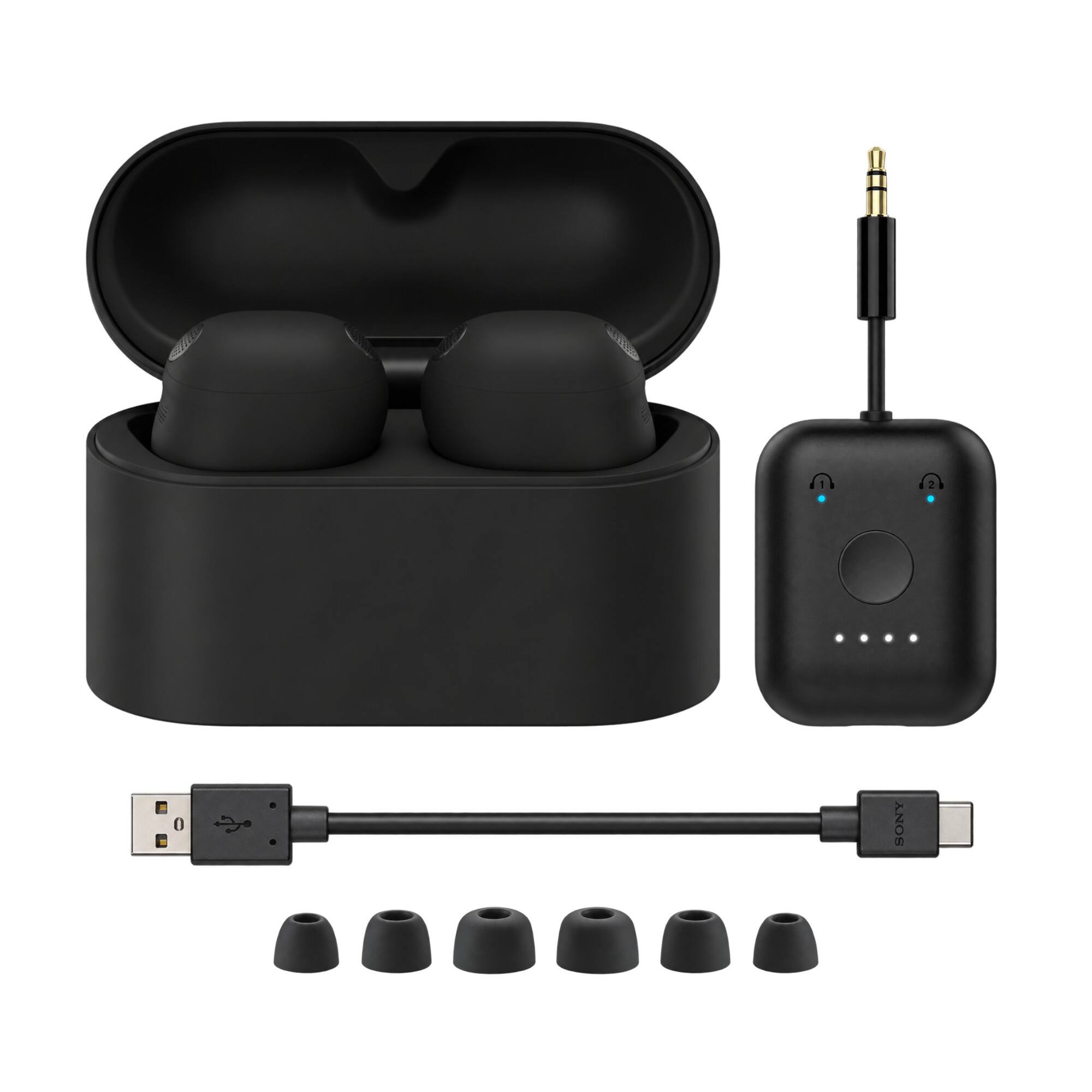 Front. Sony - Sony WF-1000XM6 Wireless Earbuds with In-Flight / Airline Audio Adapter (Black).