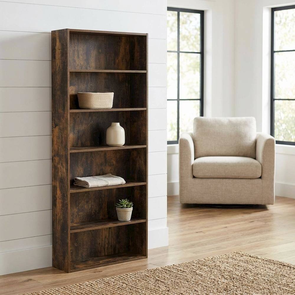 Angle. FurniFact - Amber Pine 6-Tier Open Shelf Bookcase with Storage Organizer - Amber Pine.