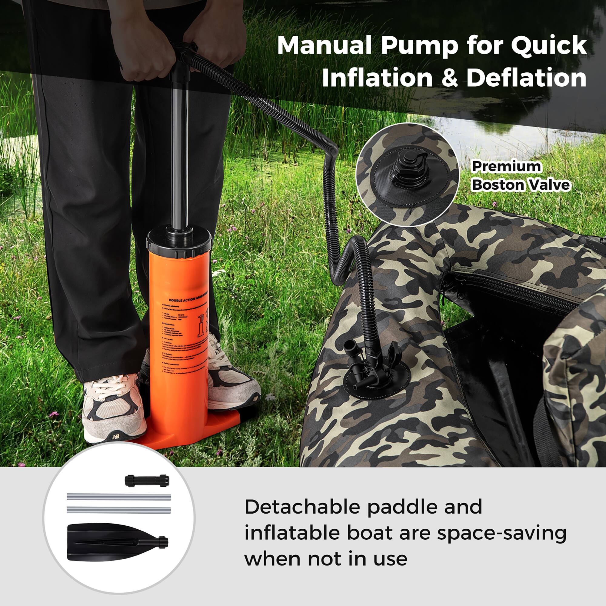 Manual Pump for Quick Inflation & Deflation  
Premium Boston Valve  

Detachable paddle and inflatable boat are space-saving when not in use