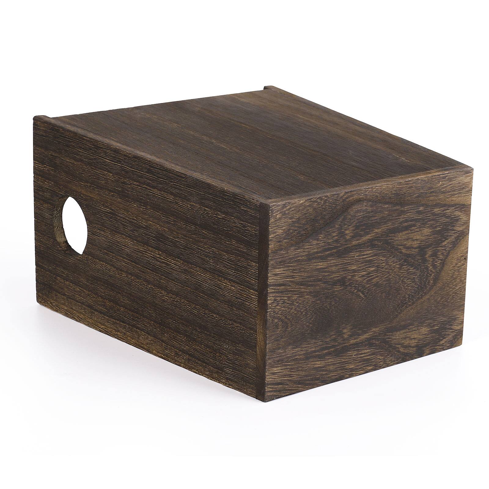 Back. Oumilen - Burnt Wood Waste Basket with Circular Cutout Handles, Tapered Wooden Trash Bin for Bathroom Bedroom Office.