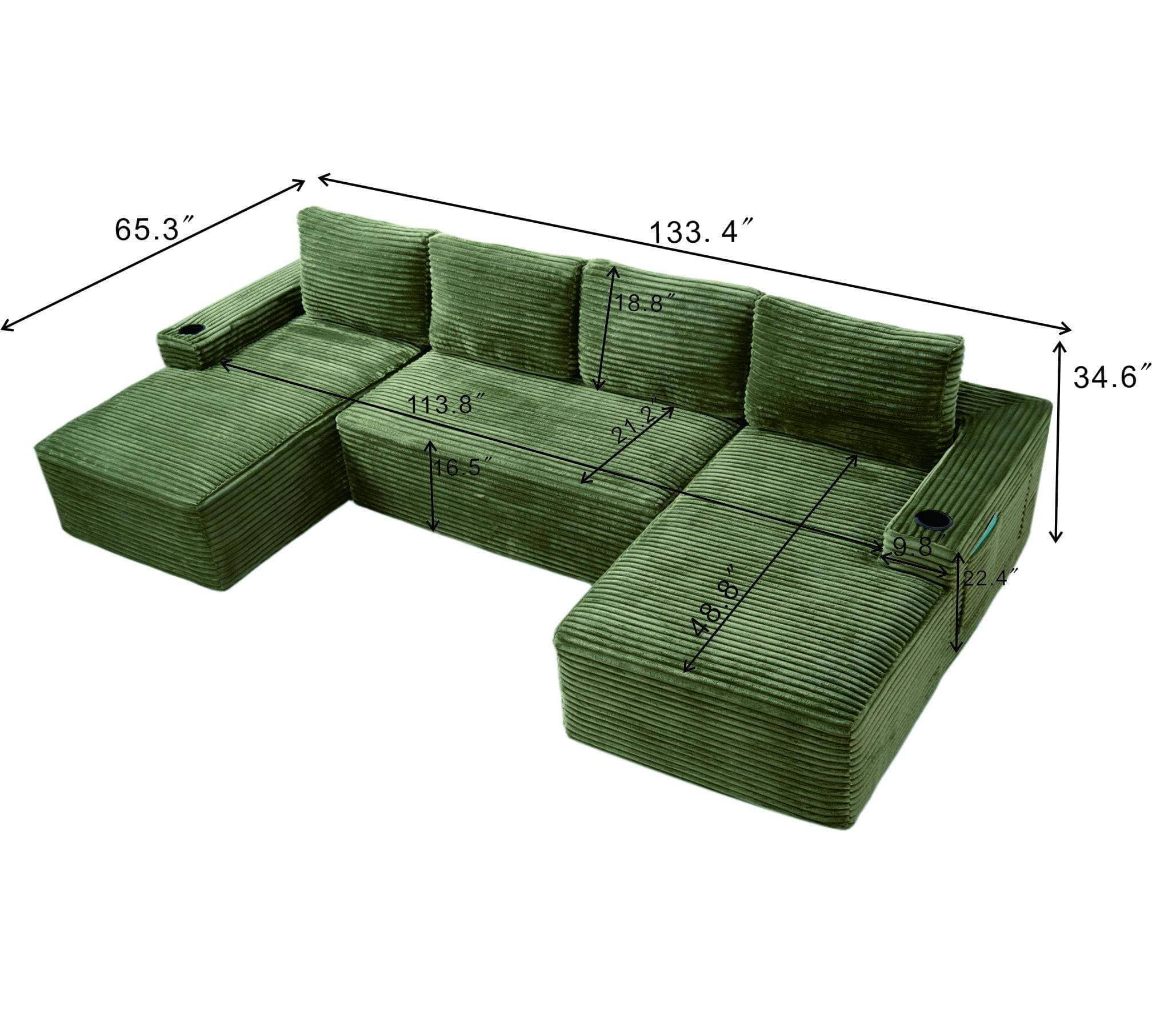 Roomtec - Compressible UShaped Sectional Sofa SetMinimalist Style Modular Sectional Sofa Corduroy Fabric Cloud Couch for Living - Green