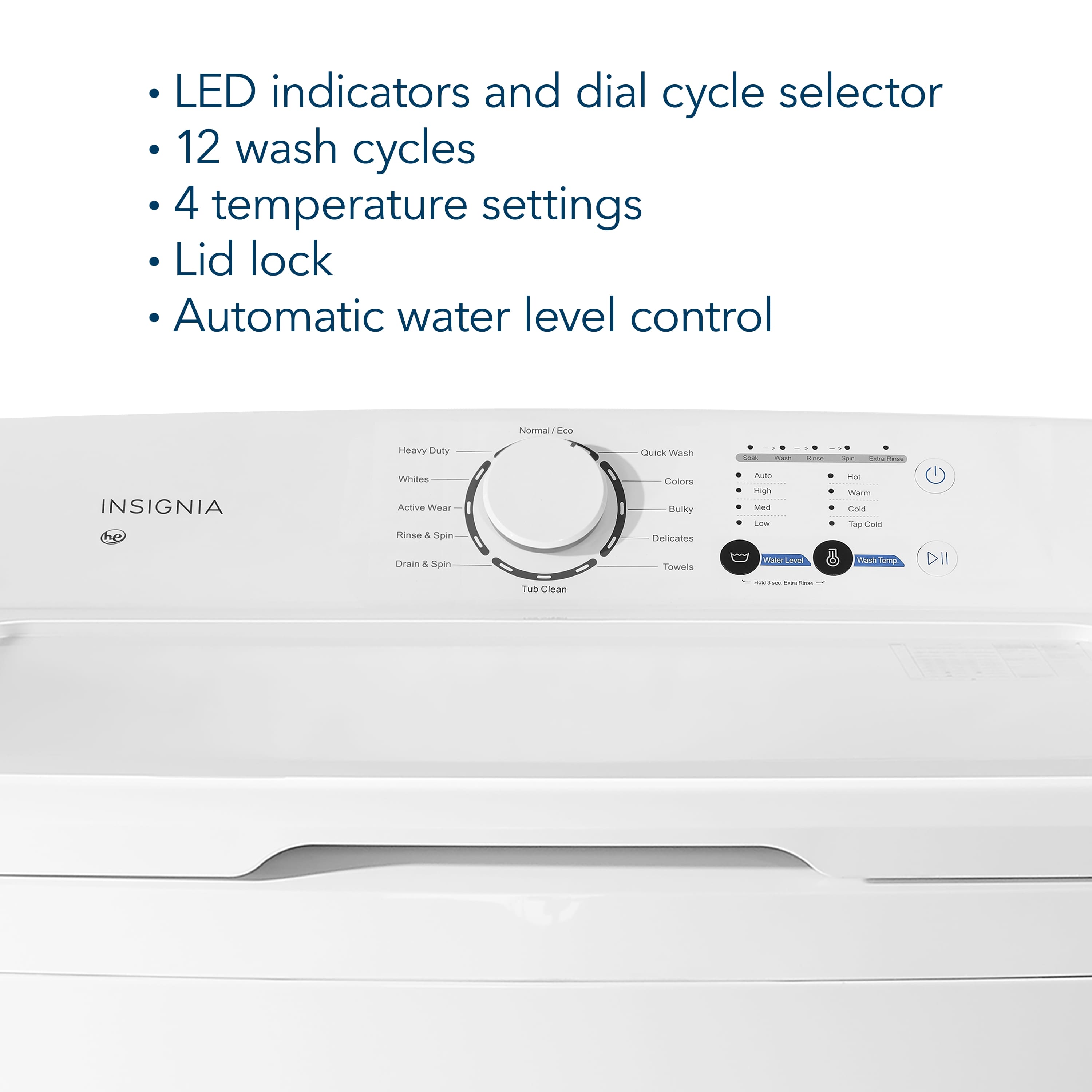 The text on the image is grouped and corrected as follows:
1. LED indicators and dial cycle selector
2. 12 wash cycles
3. 4 temperature settings
4. Lid lock
5. Automatic water level control
6. Heavy Duty Clean
7. White's Active Wear Kinse & Spin Orwin 4 spin colors
8. Bulky, Delicates, and Sweaters
9. Automatic temperature and tub clean
10. 12 wash cycles
11. 4 temperature settings
12. Lid lock
13. Automatic water level control
14. Heavy Duty Clean
15. White's Active Wear Kinse & Spin Orwin 4 spin colors
16. Bulky, Delicates, and Sweaters
17. Automatic temperature and tub clean
18. 12 wash cycles
19. 4 temperature settings
20. Lid lock
21. Automatic water level control
22. Heavy Duty Clean
23. White's Active Wear Kinse & Spin Orwin 4 spin colors
24. Bulky, Delicates, and Sweaters
25. Automatic temperature and tub clean
26. 12 wash cycles
27. 4 temperature settings
28. Lid lock
29. Automatic water level control
30. Heavy Duty Clean
31. White's Active Wear Kinse & Spin Orwin 4 spin colors
32. Bulky, Delicates, and Sweaters
33. Automatic temperature and tub clean
34. 12 wash cycles
35. 4 temperature settings
36. Lid lock
37. Automatic water level control
38. Heavy Duty Clean
39. White's Active Wear Kinse & Spin Orwin 4 spin colors
40. Bulky, Delicates, and Sweaters
41. Automatic temperature and tub clean
42. 12 wash cycles
43. 4 temperature settings
44. Lid lock
45. Automatic water level control
46. Heavy D