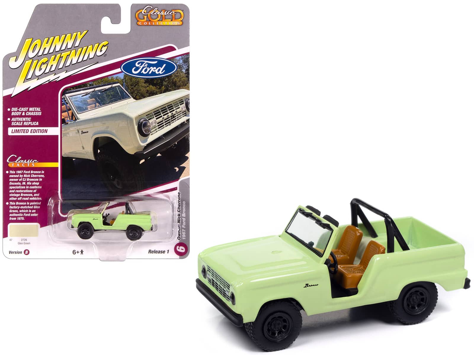 1967 Ford Bronco "Nick Cherrone" Glen "Classic Gold Collection" 1/64 Diecast Model Car by Johnny Lightning - Green