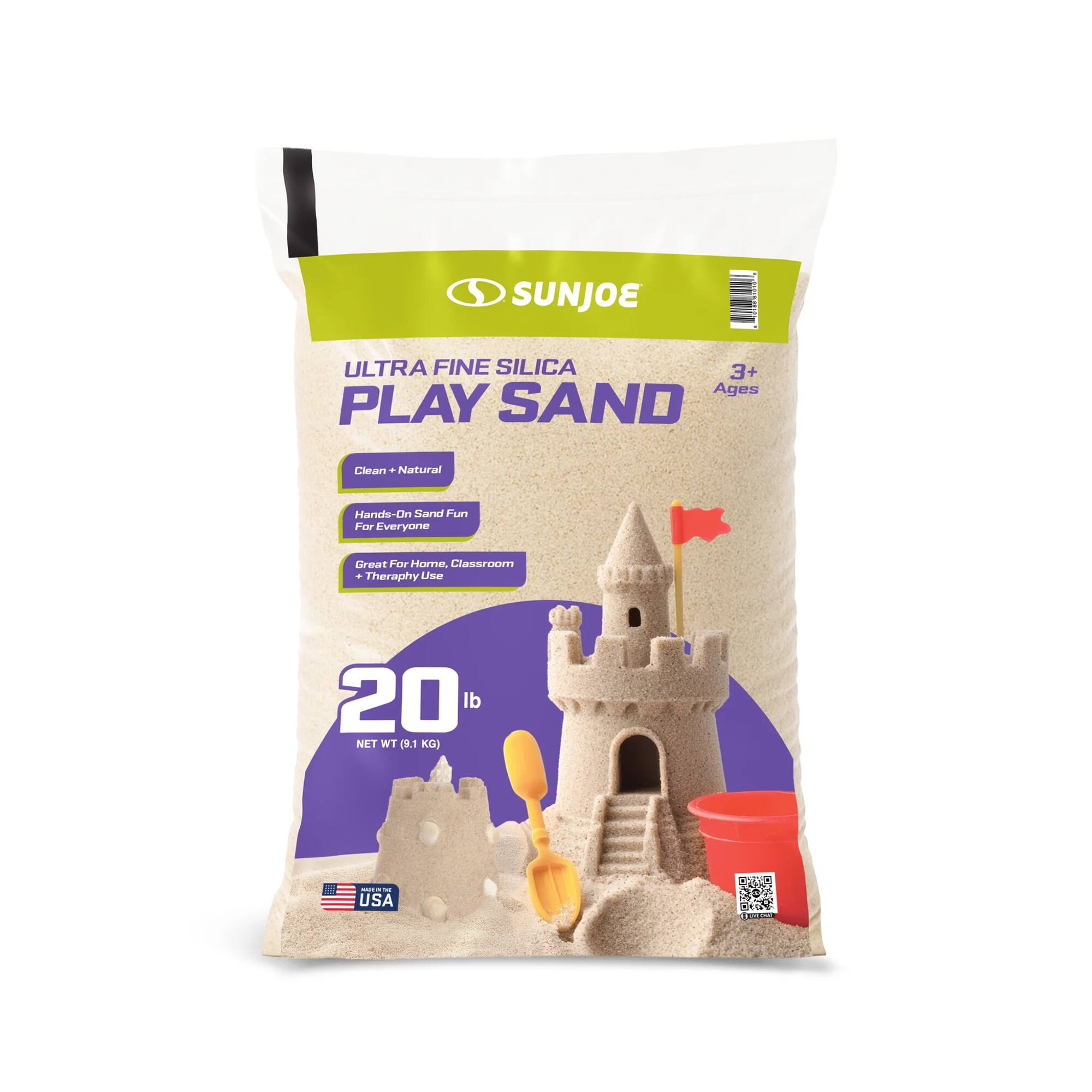 SUNJOE  
ULTRA FINE SILICA PLAY SAND  
3+ Ages  

Clean + Natural  
Hands-On Sand Fun For Everyone  
Great For Home, Classroom & Therapy Use  

20 lb  
NET WT 9.1 KG  

USA