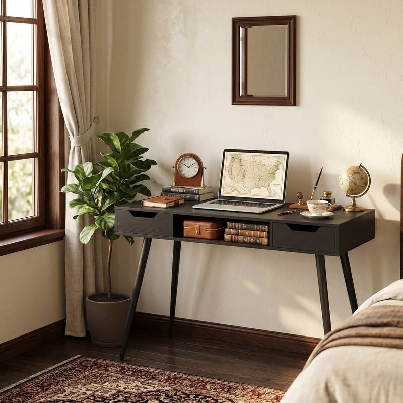 Angle. WELLFOR - 42.5 " Small Computer Desk with Drawers, Modern PC Laptop Table Computer Study Writing Workstation for Small Spaces - Black.