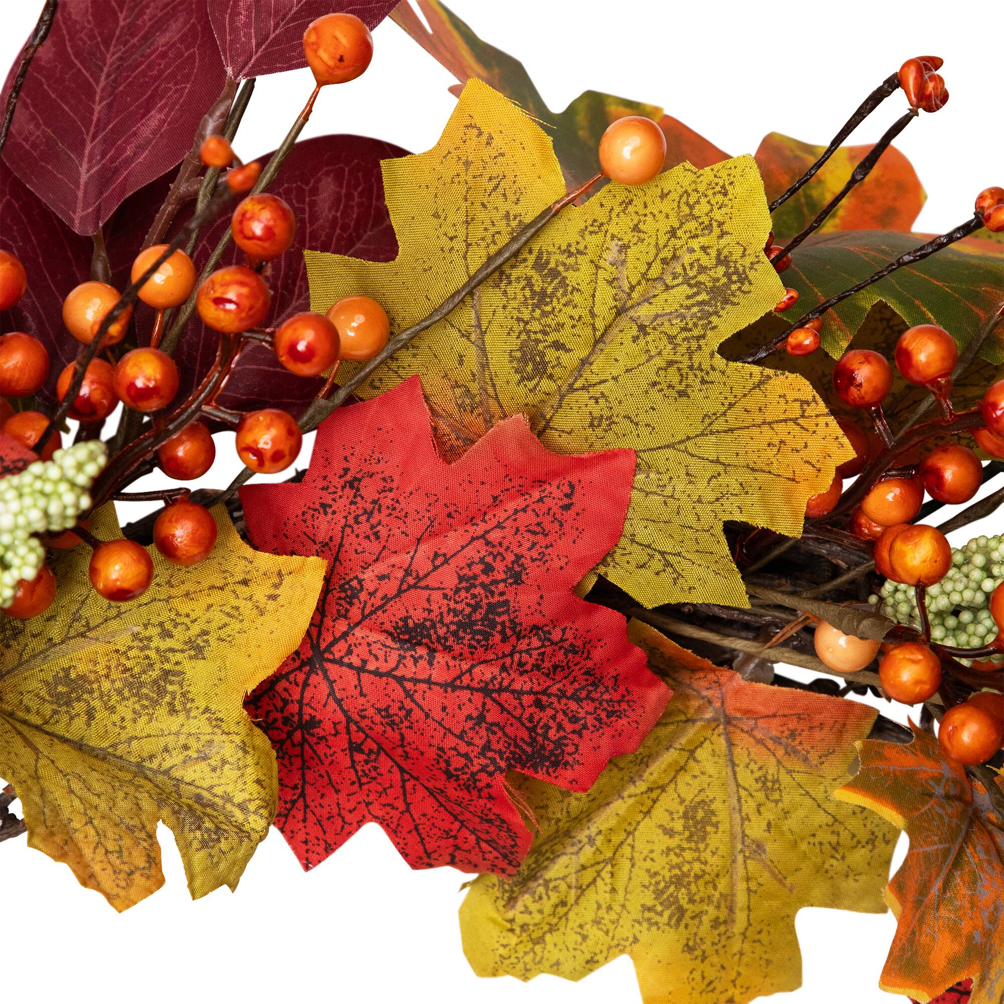 Alt View 8. Northlight - Leaves and Berries Artificial Fall Harvest Wreath - 20" - Red.