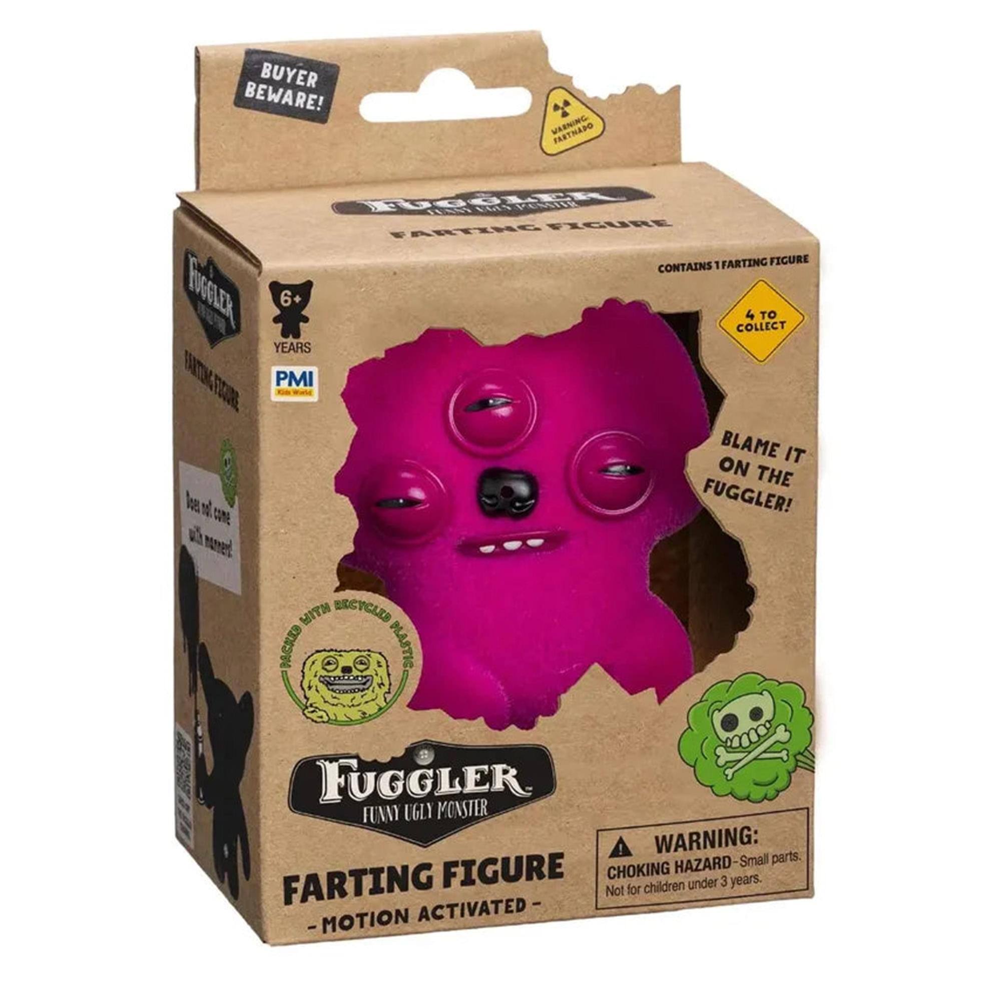 BUYER BEWARE!  
FUGGLER  
FARTING FIGURE  
CONTAINS 1 FARTING FIGURE  
6+ YEARS  
PMI  
BLAME IT ON THE FUGGLER!  
WARNING: CHOKING HAZARD - Small parts. Not for children under 3 years.  
FUGGLER  
FUNNY UGLY MONSTER  
FARTING FIGURE - MOTION ACTIVATED  
4 TO COLLECT  
MADE WITH RECYCLED MATERIAL
