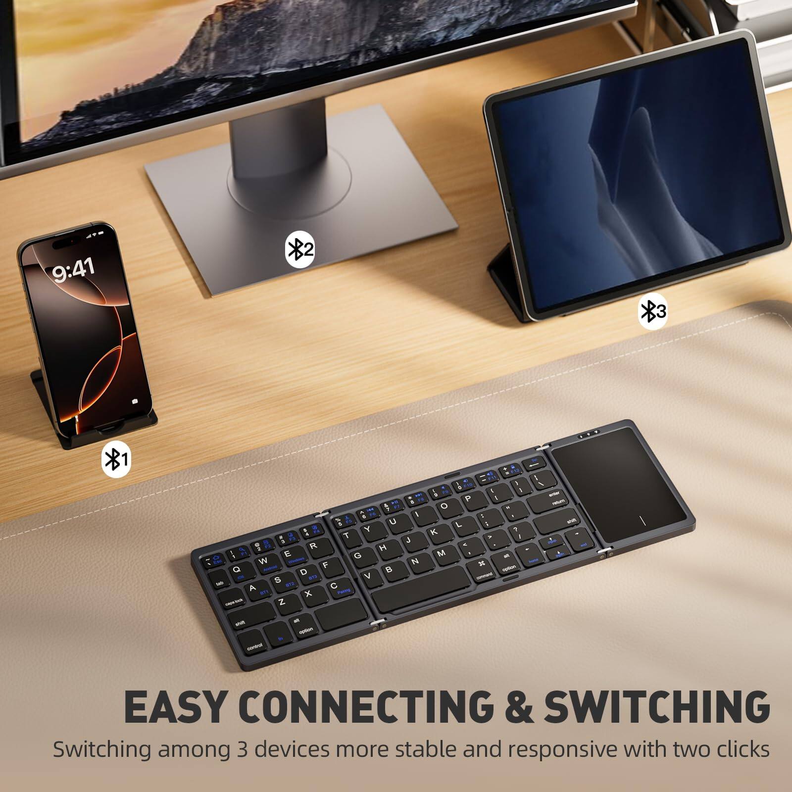 9:41  
2 *3  
A 4 of u  
A Y T 1 A R H I E G : W P 1 D 5 an V - tYs C A i x - Z : 1 a N i 1 P 5 O . L 9 K 7 - I M . - - 1 - - - 1 1 I - - -  

EASY CONNECTING & SWITCHING  
Switching among 3 devices more stable and responsive with two clicks