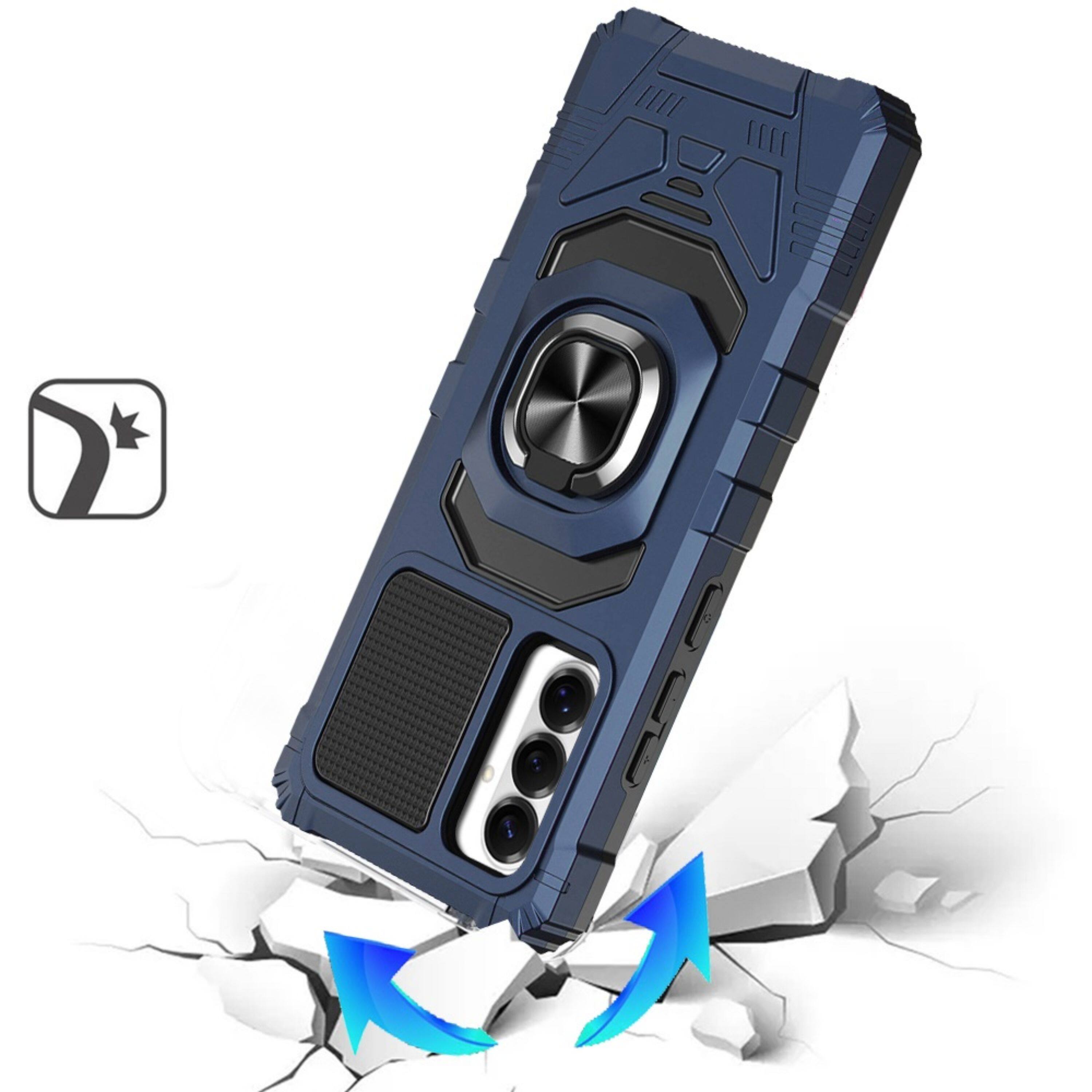 Left. Kitcheniva - Rugged Dual Layer Magnetic Ring Stand Case With Tempered Glass For Samsung S26 FE Dark Blue - Dark Blue.
