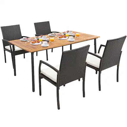 Front. Costway - Costway 5PCS Patio Dining Set Cushion Armchairs Acacia Wood Table with Umbrella Hole - Natural/Black/Mix Brown.