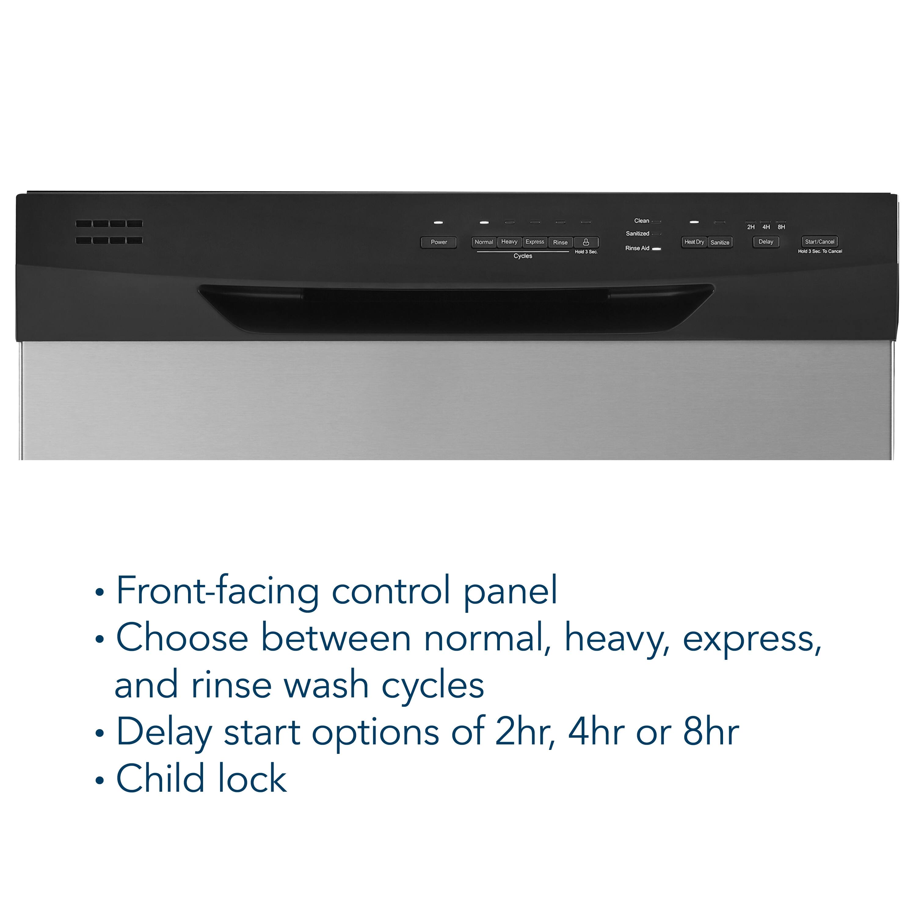 The text on the image reads:

"Power - i - A - - Cycter Oa Saritad - - - Se - Y - -  - Canoe - - - Front-facing control panel Choose between normal, heavy, express, and rinse wash cycles Delay start options of 2hr, 4hr or 8hr Child lock."

The corrected text is:

"Power - i - A - - Cycle Options - - - Front-facing control panel Choose between normal, heavy, express, and rinse wash cycles Delay start options of 2hr, 4hr or 8hr Child lock."