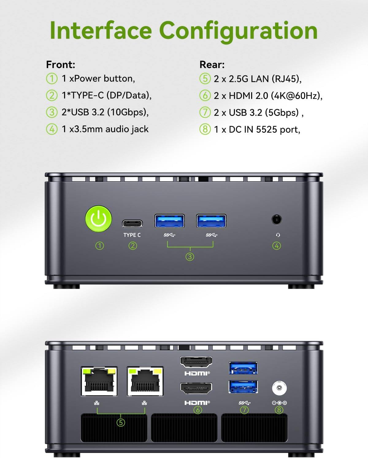 Interface Configuration

Front:
1. 1 x Power button,
2. 1*TYPE-C (DP/Data),
3. 2*USB 3.2 (10Gbps),
4. 1 x 3.5mm audio jack

Rear:
5. 2 x 2.5G LAN (RJ45),
6. 2 x HDMI 2.0 (4K@60Hz),
7. 2 x USB 3.2 (5Gbps),
8. 1 x DC IN 5525 port
