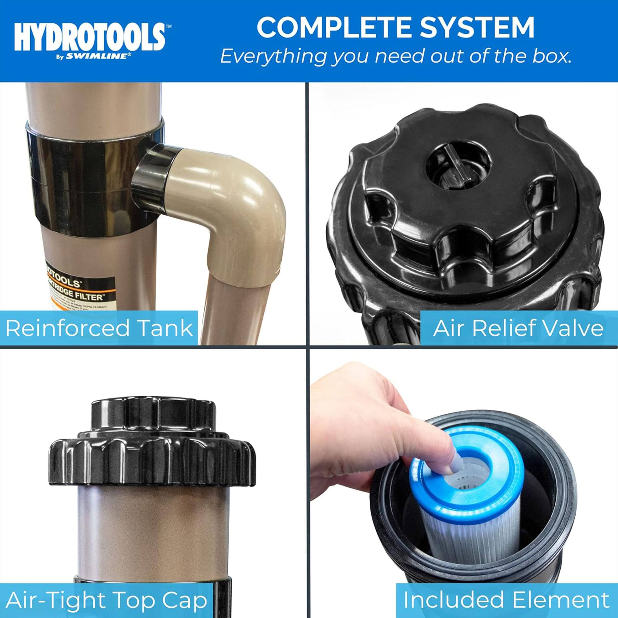 - COMPLETE SYSTEM HYDROTOOLS by SWIMLINE  
  Everything you need out of the box.

- Reinforced Tank
- Air Relief Valve
- Air-Tight Top Cap
- Included Element