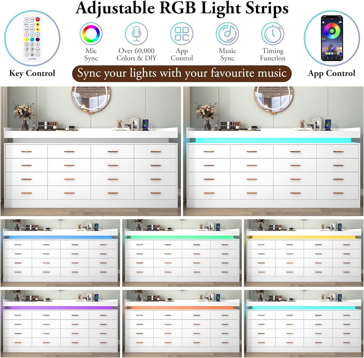 Adjustable RGB Light Strips

Key Control Mic Over 60,000 App Music Timing Sync Colors & DIY Control Sync Function

Sync your lights with your favourite music

App Control