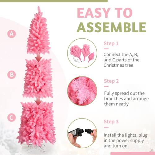 EASY TO ASSEMBLE

Step 1  
Connect the A, B, and C parts of the Christmas tree

Step 2  
Fully spread out the branches and arrange them neatly

Step 3  
Install the lights, plug in the power supply and turn on