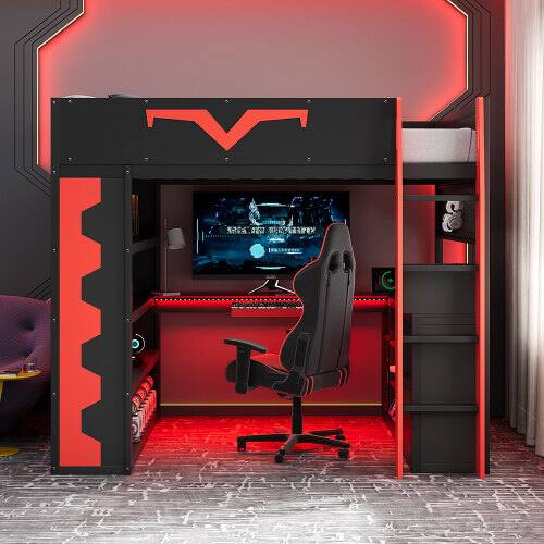 Left. Anysun - Full Size Gaming Loft Bed with Desk & RGB Lights - Pro-Gamer Bed with Power Outlet, Bookshelf, Pegboard & Storage Drawer - Red.
