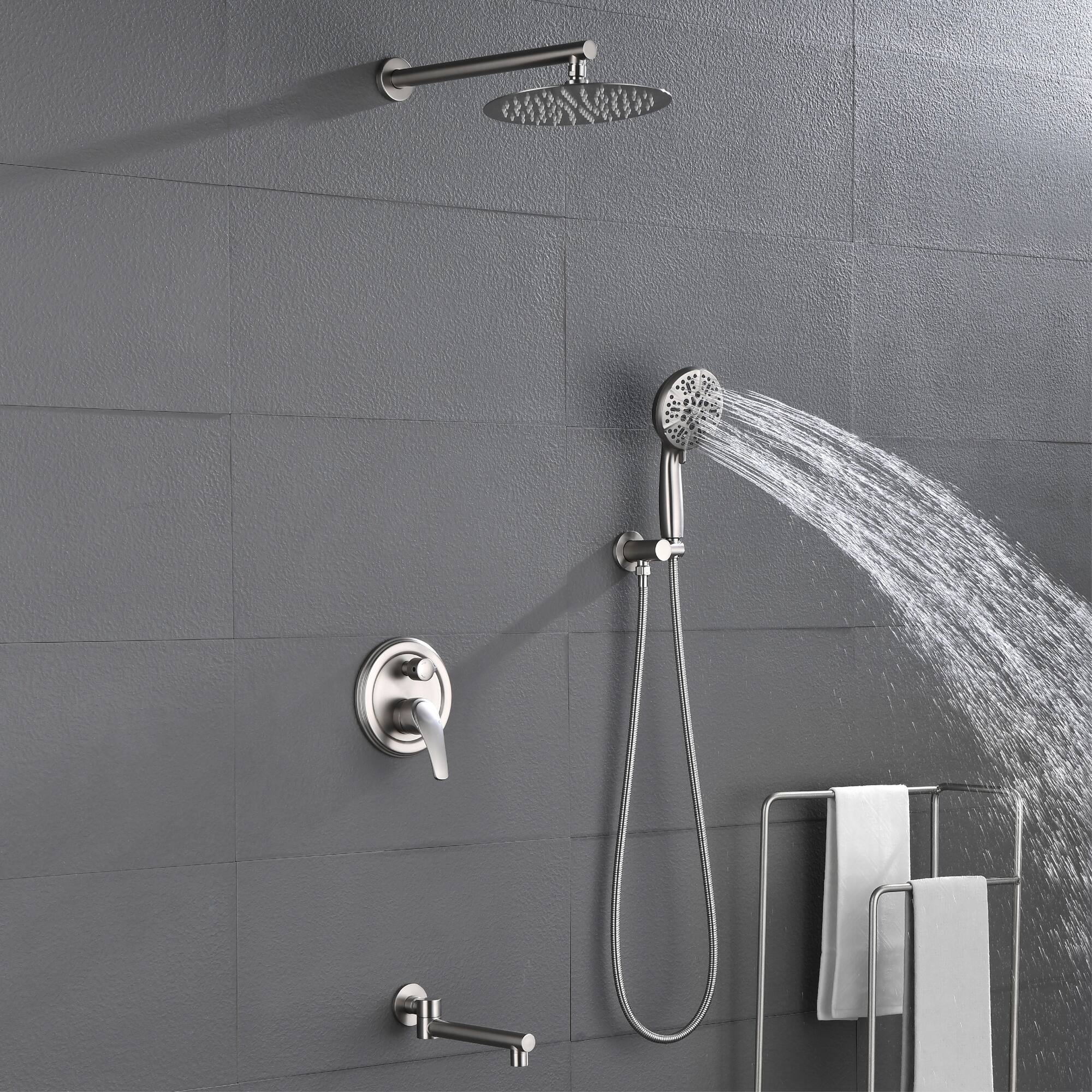 Alt View 3. Boyel Living - Brushed Nickel 10-Inch Rain Shower System Brass SUS304 3-Function Valve 7-Function Handheld 180° Spout cUPC - Brushed Nickel.