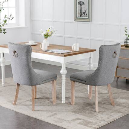 Front. LUCKY ONE - Assembled Tufted Linen Dining Chair Set of 2 with Wood Legs Nailhead Trim High Back Side Chair - Gray.